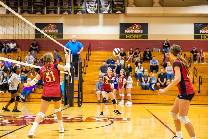 Student-athletes play volleyball